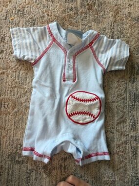 Baseball Applique Light Blue Baby One-Piece Romper